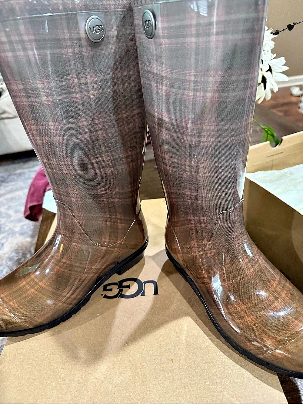 UGG Shaye Rain Boot Plaid in Brown & Pink